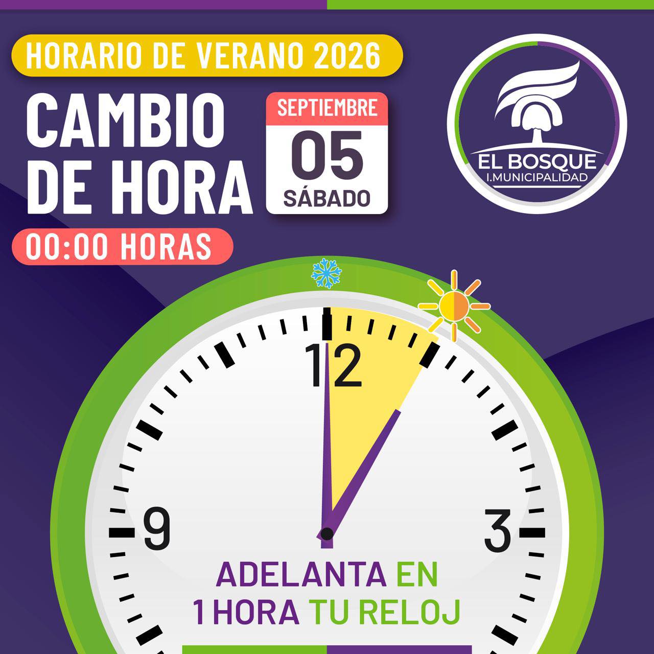 🟢⏰ 𝐂𝐀𝐌𝐁𝐈𝐎 𝐃𝐄 𝐇𝐎𝐑𝐀 ⏩ ☀️🍉 📌¡Qué no se te olvide!⌚️ ¡Más horas de luz para tus días! Este sábado 5 de septiembre, a las 00:00 horas, debes adelantar 1 hora tu reloj, para dar paso al horario de verano en nuestro país. #HorarioDeVerano🔆 #ElBosqueMunicipioCiudadano