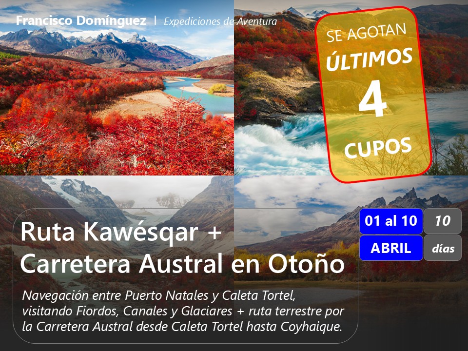 ‼️Atención..‼️ Se está llenando el barco...🛥️. para este tremendo viaje de aventura por la Patagonia.
Quedan los últimos 4 cupos para el viaje Full Patagonia Otoñal...: navegar por los canales de Magallanes y Aysen + recorrido por tierra desde Caleta Tortel hasta Coyhaique.
Del 01 al 10 ABRIL.
✅ Información y reservas, me contactan directo o pueden ver el programa completo en:
www.franciscodominguez.cl