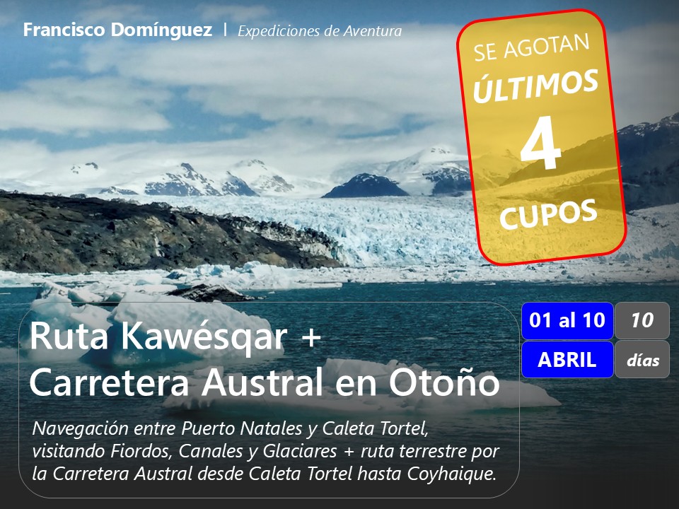 ‼️Atención..‼️ Se está llenando el barco...🛥️. para este tremendo viaje de aventura por la Patagonia.
Quedan los últimos 4 cupos para el viaje Full Patagonia Otoñal...: navegar por los canales de Magallanes y Aysen + recorrido por tierra desde Caleta Tortel hasta Coyhaique.
Del 01 al 10 ABRIL.
✅ Información y reservas, me contactan directo o pueden ver el programa completo en:
www.franciscodominguez.cl