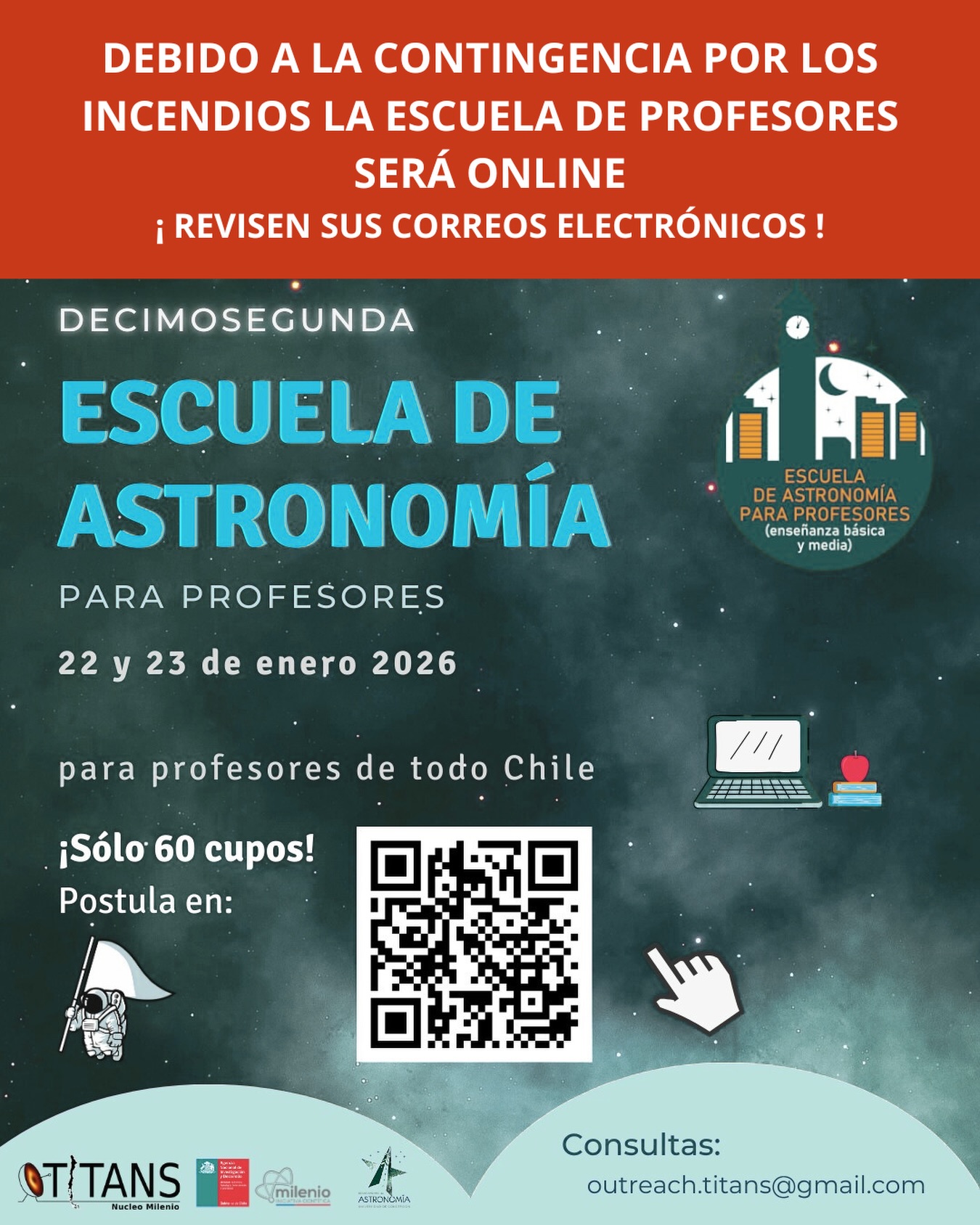 📢 Aviso importante | Actualización Escuela
Debido a la contingencia por los megaincendios en la VIII región, la Escuela se realizará en modalidad online.
👉 En esta versión se llevarán a cabo solo las conferencias, con un horario aproximado de 10:00 a 13:30 hrs.
✨ Buena noticia: durante 2026 realizaremos una edición especial presencial, dedicada exclusivamente a talleres.
🔗 El link de conexión (Zoom) será enviado por correo a las personas inscritas el jueves a las 9:00 hrs.
📬 Además, se abrirá nuevamente el formulario de inscripción para quienes aún quieran postular y sumarse a esta versión online. LINK en la BIO 📲
¡Les esperamos!