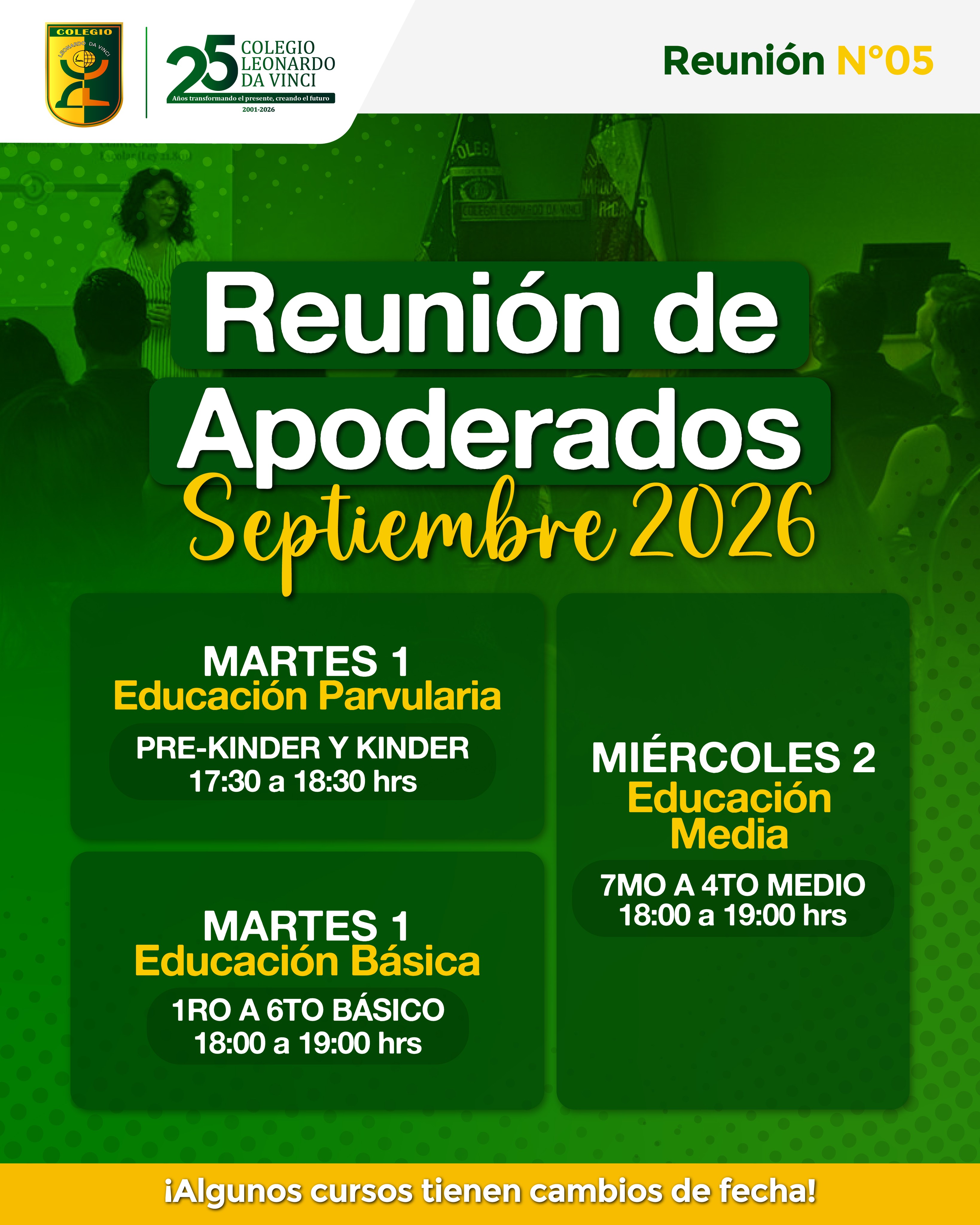 📢 Reuniones de Apoderados – SeptiembreLes recordamos que hoy martes 1 y mañana miércoles 2 de septiembre se realizarán nuestras reuniones de apoderados.👉 Informamos además que el curso 7°A realizará su reunión el día de hoy.⏰ Les pedimos asistir con puntualidad y participar de esta importante instancia para acompañar el proceso educativo de nuestros estudiantes. 💚¡Los esperamos!