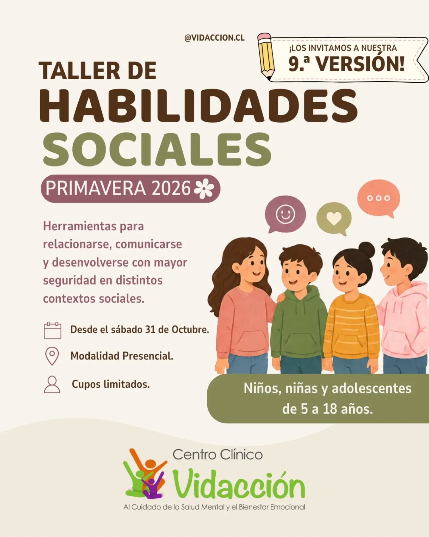 🌷 ¡Ya está aquí el Taller de Habilidades Sociales Primavera 2026 de Vidacción! Un espacio presencial…